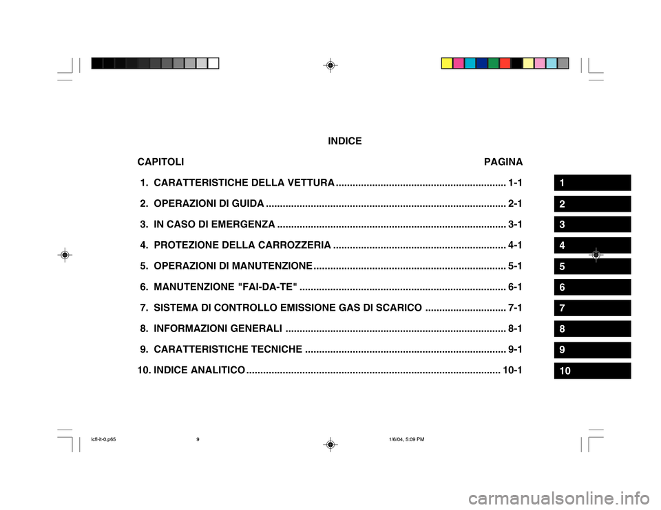 Hyundai Accent 2005  Manuale del proprietario (in Italian) INDICE
CAPITOLI PAGINA
 1. CARATTERISTICHE DELLA  VETTURA ............................................................. 1-1
 2. OPERAZIONI DI GUIDA ....................................................