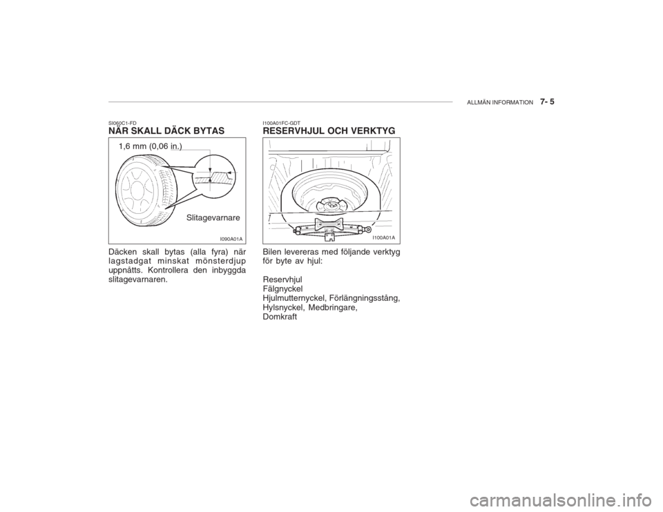 Hyundai Accent 2005  Ägarmanual (in Swedish) ALLMÄN INFORMATION   7- 5
I090A01A
1,6 mm (0,06 in.) I100A01FC-GDT RESERVHJUL OCH VERKTYG Bilen levereras med följande verktyg för byte av hjul: Reservhjul FälgnyckelHjulmutternyckel, Förlängnin