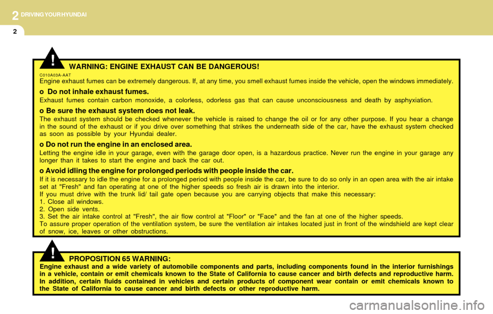 Hyundai Accent 2004  Owners Manual 2DRIVING YOUR HYUNDAI
2
!WARNING: ENGINE EXHAUST CAN BE DANGEROUS!C010A03A-AATEngine exhaust fumes can be extremely dangerous. If, at any time, you smell exhaust fumes inside the vehicle, open the win