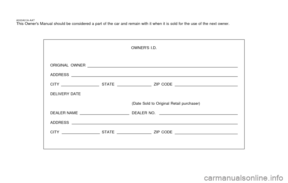 Hyundai Accent 2004 User Guide A000A01A-AATThis Owners Manual should be considered a part of the car and remain with it when it is sold for the use of the next owner.
OWNERS I.D.
ORIGINAL OWNER
ADDRESS
CITY STATEZIP CODE
DELIVERY