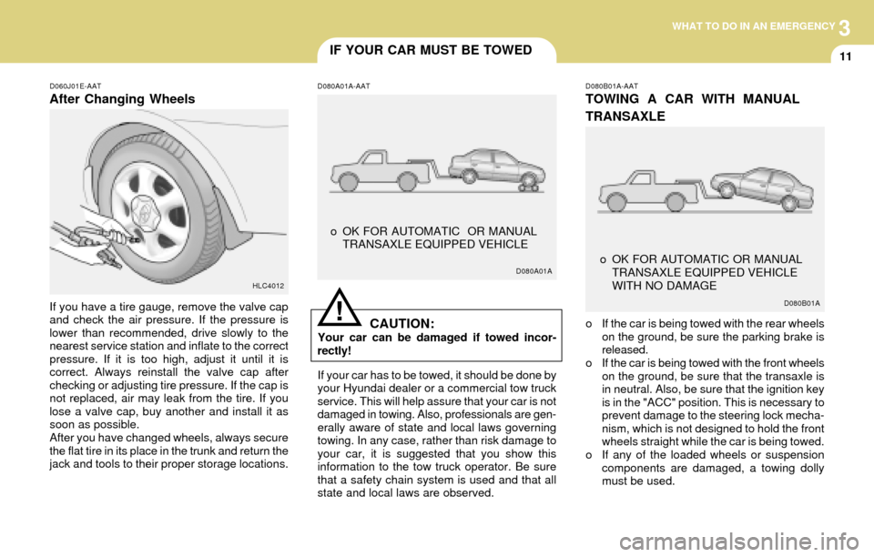 Hyundai Accent 2004 Owners Manual 3WHAT TO DO IN AN EMERGENCY
11IF YOUR CAR MUST BE TOWED
D060J01E-AAT
After Changing Wheels
If you have a tire gauge, remove the valve cap
and check the air pressure. If the pressure is
lower than reco Hyundai Accent 2004 Owners Manual 3WHAT TO DO IN AN EMERGENCY
11IF YOUR CAR MUST BE TOWED
D060J01E-AAT
After Changing Wheels
If you have a tire gauge, remove the valve cap
and check the air pressure. If the pressure is
lower than reco