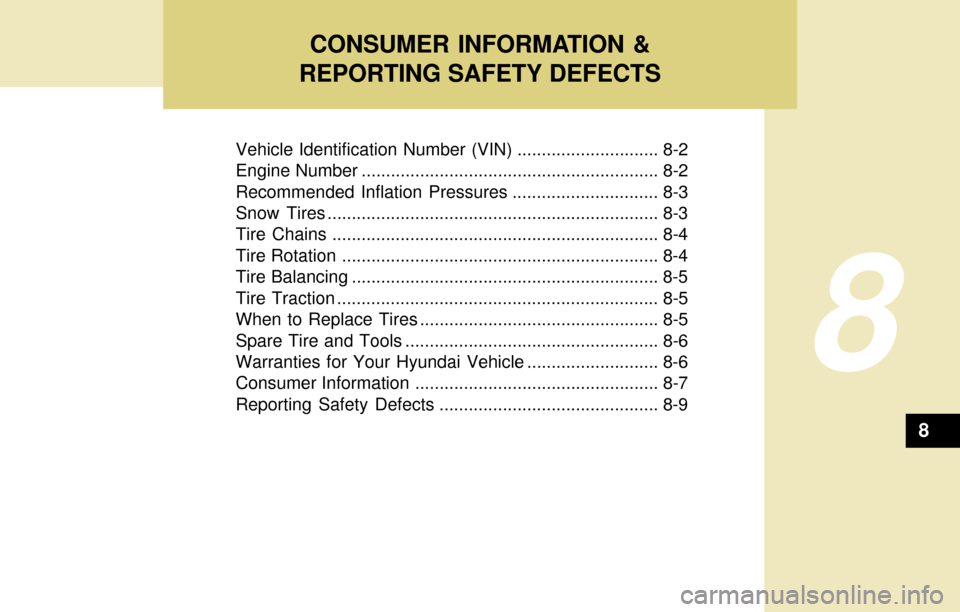 Hyundai Accent 2004  Owners Manual Vehicle Identification Number (VIN) ............................. 8-2
Engine Number ............................................................. 8-2
Recommended Inflation Pressures ..................