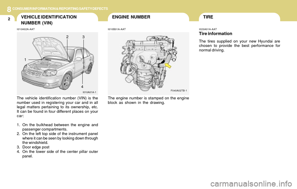 Hyundai Accent 2004 Owners Manual 8CONSUMER INFORMATION & REPORTING SAFETY DEFECTS
2TIREENGINE NUMBERVEHICLE IDENTIFICATION
NUMBER (VIN)
I010A02A-AAT
The vehicle identification number (VIN) is the
number used in registering your car a Hyundai Accent 2004 Owners Manual 8CONSUMER INFORMATION & REPORTING SAFETY DEFECTS
2TIREENGINE NUMBERVEHICLE IDENTIFICATION
NUMBER (VIN)
I010A02A-AAT
The vehicle identification number (VIN) is the
number used in registering your car a