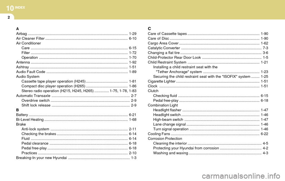 Hyundai Accent 2004  Owners Manual 10INDEX
2
C
Care of Cassette tapes .....................................................................1-90
Care of Disc ..............................................................................