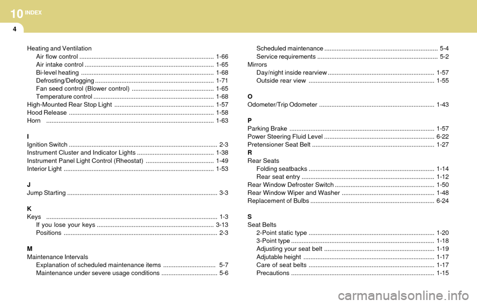 Hyundai Accent 2004  Owners Manual 10INDEX
4
Scheduled maintenance................................................................. 5-4
Service requirements ..................................................................... 5-2
Mirr