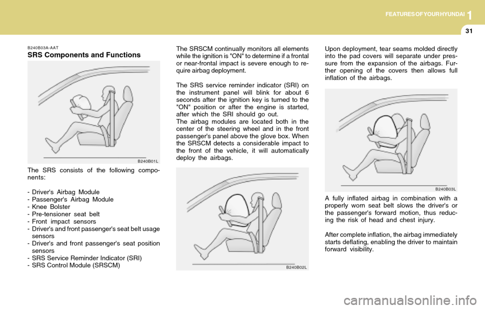 Hyundai Accent 2004 Owners Manual 1FEATURES OF YOUR HYUNDAI
31
The SRSCM continually monitors all elements
while the ignition is "ON" to determine if a frontal
or near-frontal impact is severe enough to re-
quire airbag deployment.
Th Hyundai Accent 2004 Owners Manual 1FEATURES OF YOUR HYUNDAI
31
The SRSCM continually monitors all elements
while the ignition is "ON" to determine if a frontal
or near-frontal impact is severe enough to re-
quire airbag deployment.
Th