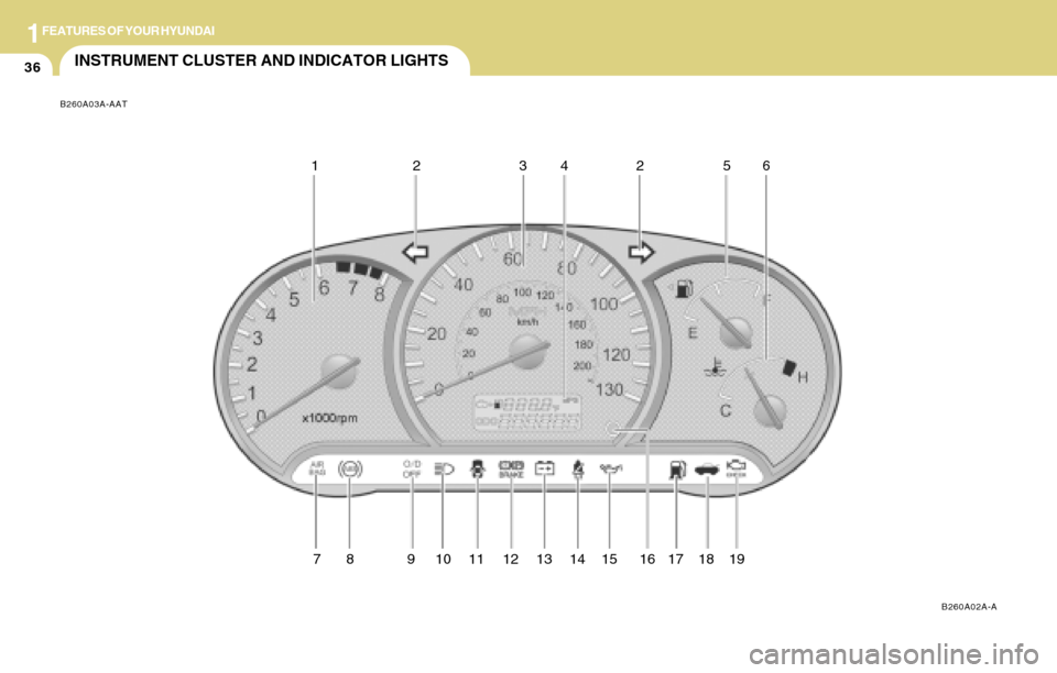 Hyundai Accent 2004 Service Manual 1FEATURES OF YOUR HYUNDAI
36INSTRUMENT CLUSTER AND INDICATOR LIGHTS
B260A02A-A B260A03A-AAT
12 34 56
78 91011121314151617182
19 Hyundai Accent 2004 Service Manual 1FEATURES OF YOUR HYUNDAI
36INSTRUMENT CLUSTER AND INDICATOR LIGHTS
B260A02A-A B260A03A-AAT
12 34 56
78 91011121314151617182
19