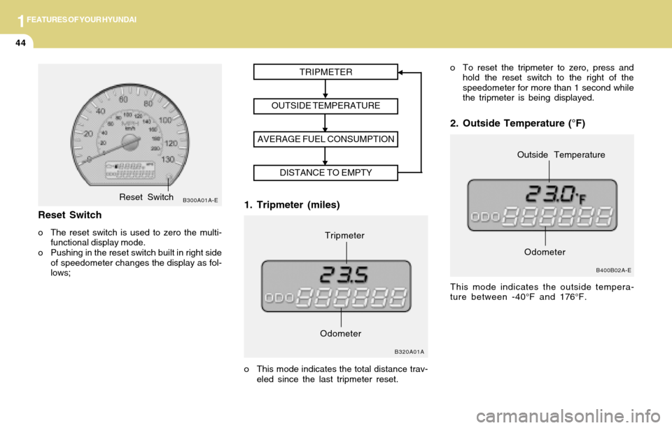 Hyundai Accent 2004 Workshop Manual 1FEATURES OF YOUR HYUNDAI
44
1. Tripmeter (miles)
TRIPMETER
OUTSIDE TEMPERATURE
AVERAGE FUEL CONSUMPTION
DISTANCE TO EMPTY
o This mode indicates the total distance trav-
eled since the last tripmeter Hyundai Accent 2004 Workshop Manual 1FEATURES OF YOUR HYUNDAI
44
1. Tripmeter (miles)
TRIPMETER
OUTSIDE TEMPERATURE
AVERAGE FUEL CONSUMPTION
DISTANCE TO EMPTY
o This mode indicates the total distance trav-
eled since the last tripmeter
