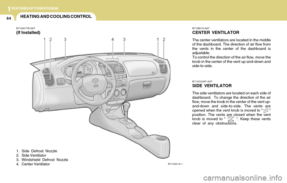 Hyundai Accent 2004 Manual PDF 1FEATURES OF YOUR HYUNDAI
64HEATING AND COOLING CONTROL
B710A01TB-GAT
(If Installed)
B710A01A-1
1. Side Defrost Nozzle
2. Side Ventilator
3. Windshield Defrost Nozzle
4. Center Ventilator
B710B01S-AAT Hyundai Accent 2004 Manual PDF 1FEATURES OF YOUR HYUNDAI
64HEATING AND COOLING CONTROL
B710A01TB-GAT
(If Installed)
B710A01A-1
1. Side Defrost Nozzle
2. Side Ventilator
3. Windshield Defrost Nozzle
4. Center Ventilator
B710B01S-AAT