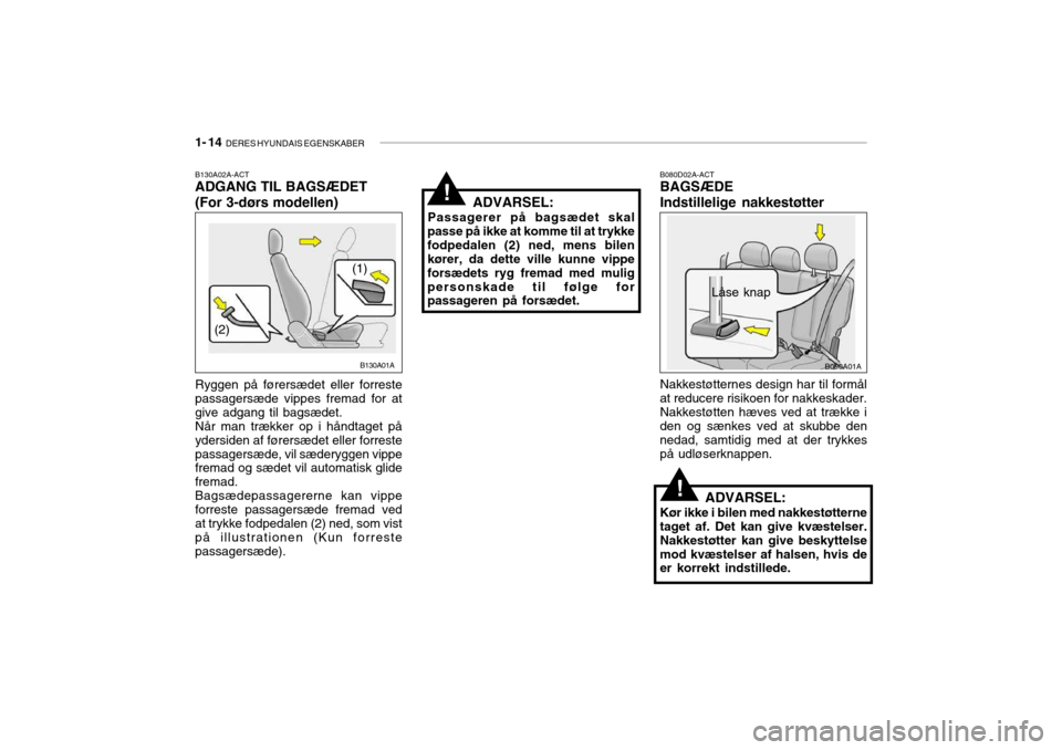 Hyundai Accent 2004  Instruktionsbog (in Danish) 1- 14  DERES HYUNDAIS EGENSKABER
!
!
B080D02A-ACT 
BAGSÆDE Indstillelige nakkestøtter
B130A02A-ACT ADGANG TIL BAGSÆDET (For 3-dørs modellen) Ryggen på førersædet eller forreste passagersæde vi