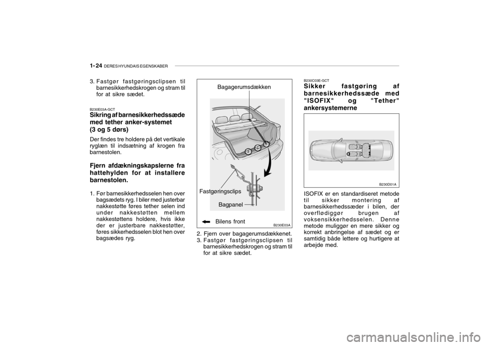 Hyundai Accent 2004  Instruktionsbog (in Danish) 1- 24  DERES HYUNDAIS EGENSKABER
B230E03A
B230E03A-GCT Sikring af barnesikkerhedssæde med tether anker-systemet (3 og 5 dørs) Der findes tre holdere på det vertikale ryglæn til indsætning af krog