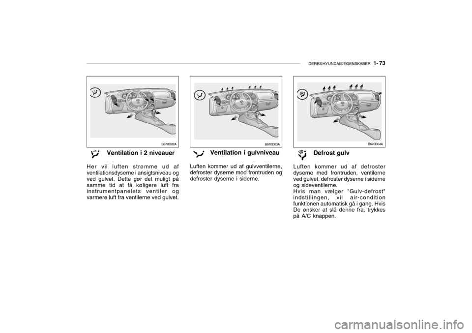 Hyundai Accent 2004  Instruktionsbog (in Danish) DERES HYUNDAIS EGENSKABER   1- 73
Ventilation i 2 niveauer
Her vil luften strømme ud af ventilationsdyserne i ansigtsniveau og ved gulvet. Dette gør det muligt påsamme tid at få køligere luft fra