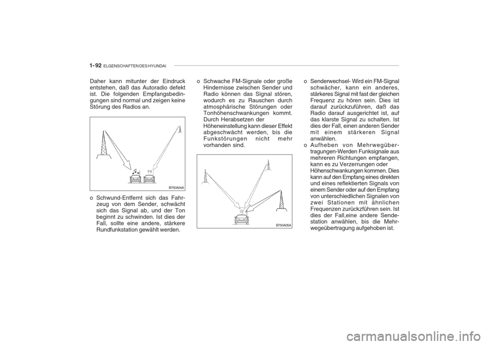 Hyundai Accent 2004  Betriebsanleitung (in German) 1- 92  ELGENSCHAFTEN DES HYUNDAI
o Senderwechsel- Wird ein FM-Signal
schwächer, kann ein anderes, stärkeres Signal mit fast der gleichenFrequenz zu hören sein. Dies istdarauf zurückzuführen, daß