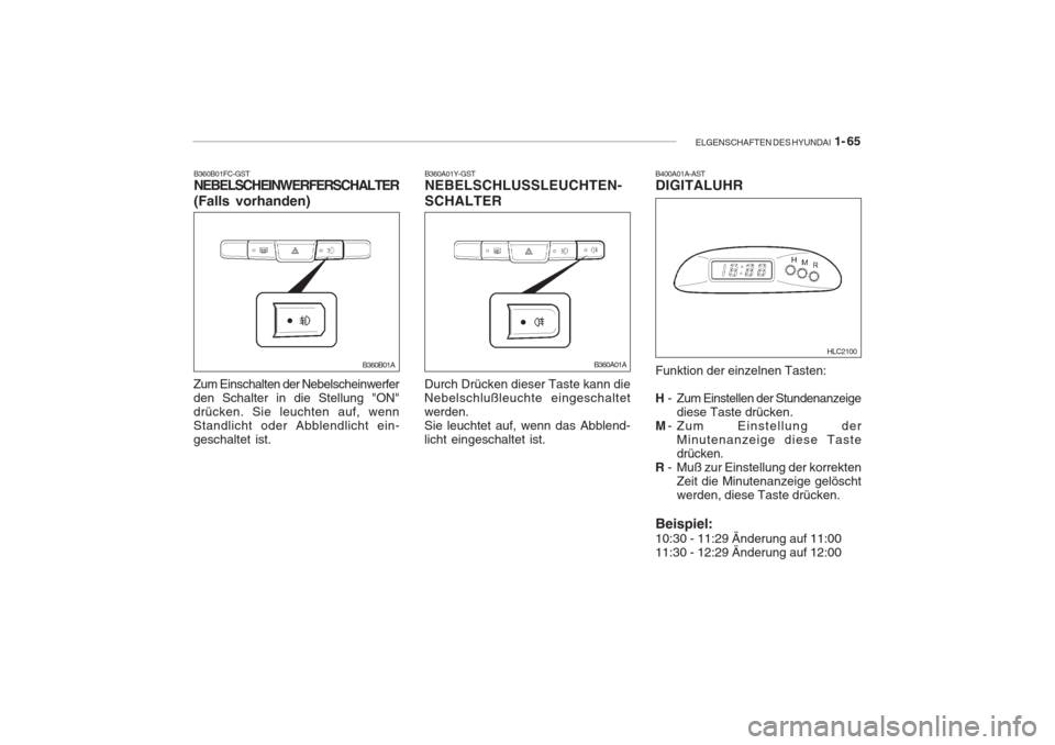 Hyundai Accent 2004 Betriebsanleitung (in German) ELGENSCHAFTEN DES HYUNDAI 1- 65
B360B01FC-GST NEBELSCHEINWERFERSCHALTER (Falls vorhanden)
Zum Einschalten der Nebelscheinwerfer den Schalter in die Stellung "ON"
drücken. Sie leuchten auf, wennStand Hyundai Accent 2004 Betriebsanleitung (in German) ELGENSCHAFTEN DES HYUNDAI 1- 65
B360B01FC-GST NEBELSCHEINWERFERSCHALTER (Falls vorhanden)
Zum Einschalten der Nebelscheinwerfer den Schalter in die Stellung "ON"
drücken. Sie leuchten auf, wennStand