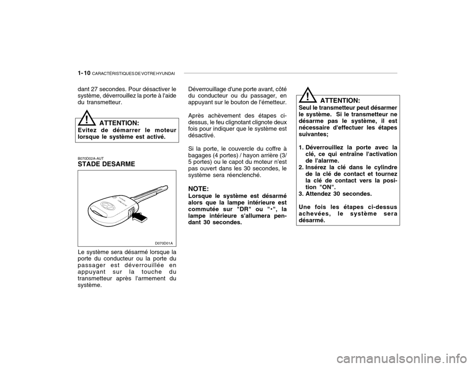Hyundai Accent 2004  Manuel du propriétaire (in French) 1- 10  CARACTÉRISTIQUES DE VOTRE HYUNDAI
B070D02A-AUT STADE DESARME Le système sera désarmé lorsque la
porte du conducteur ou la porte du passager est déverrouillée enappuyant sur la touche du t