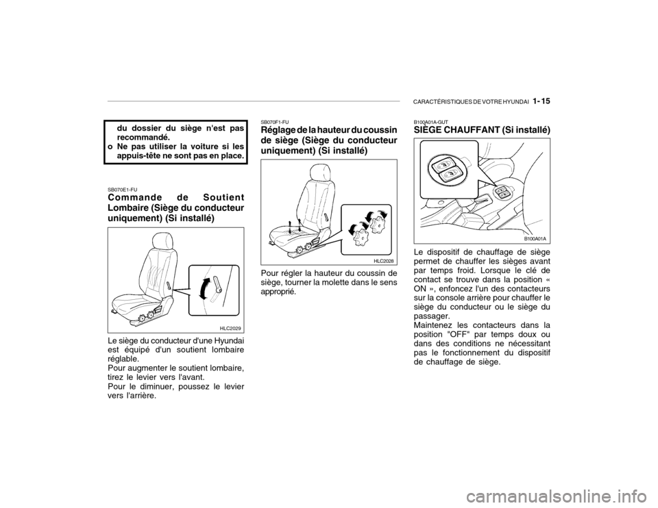 Hyundai Accent 2004  Manuel du propriétaire (in French) CARACTÉRISTIQUES DE VOTRE HYUNDAI   1- 15
SB070E1-FU Commande de Soutient
Lombaire (Siège du conducteur uniquement) (Si installé)
Le siège du conducteur dune Hyundai
est équipé dun soutient lo