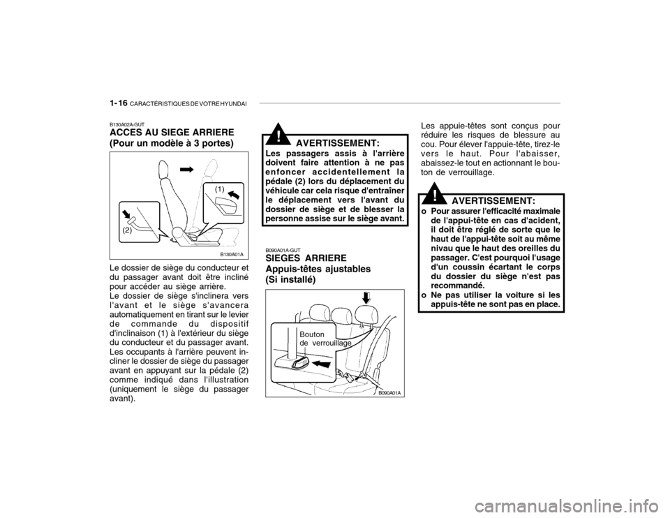 Hyundai Accent 2004  Manuel du propriétaire (in French) 1- 16  CARACTÉRISTIQUES DE VOTRE HYUNDAI
B090A01A-GUT SIEGES ARRIERE Appuis-têtes ajustables(Si installé) Les appuie-têtes sont conçus pour
réduire les risques de blessure au cou. Pour élever l
