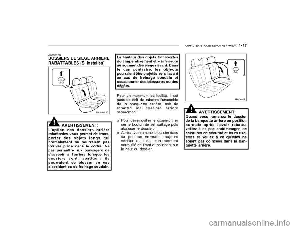 Hyundai Accent 2004  Manuel du propriétaire (in French) CARACTÉRISTIQUES DE VOTRE HYUNDAI   1- 17
B110A02-E
ZB300A1-AU DOSSIERS DE SIEGE ARRIERE RABATTABLES (Si installés)
AVERTISSEMENT:
Loption des dossiers arrière rabattables vous permet de trans- po