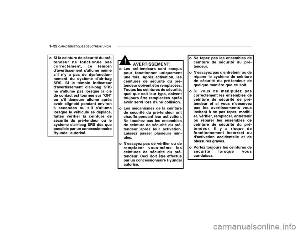 Hyundai Accent 2004  Manuel du propriétaire (in French) 1- 32  CARACTÉRISTIQUES DE VOTRE HYUNDAI
AVERTISSEMENT:
o Les pré-tendeurs sont conçus pour fonctionner uniquement une fois. Après activation, lesceintures de sécurité du pré- tendeur doivent �