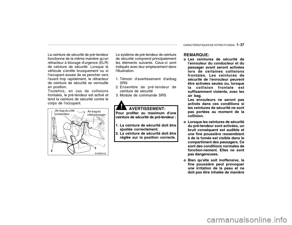 Hyundai Accent 2004  Manuel du propriétaire (in French) CARACTÉRISTIQUES DE VOTRE HYUNDAI   1- 37
B180D01A
1
2 3Air-bag du côté conducteur
Air-bag du côté passager
La ceinture de sécurité de pré-tendeur fonctionne de la même manière quun rétrac