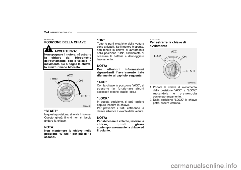 Hyundai Accent 2004  Manuale del proprietario (in Italian) 2- 4  OPERAZIONI DI GUIDA
"ON" Tutte le parti elettriche della vettura
sono attivabili. Se il motore è spento, non tenete la chiave di avviamentonella posizione "ON", rischiereste di scaricare la bat