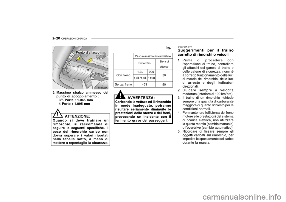 Hyundai Accent 2004 Manuale del proprietario (in Italian) 2- 20 OPERAZIONI DI GUIDA
C190F02A-GTT Suggerimenti per il traino
corretto di rimorchi o veicoli
1. Prima di procedere con loperazione di traino, controllare gli attacchi del gancio di traino e del Hyundai Accent 2004 Manuale del proprietario (in Italian) 2- 20 OPERAZIONI DI GUIDA
C190F02A-GTT Suggerimenti per il traino
corretto di rimorchi o veicoli
1. Prima di procedere con loperazione di traino, controllare gli attacchi del gancio di traino e del