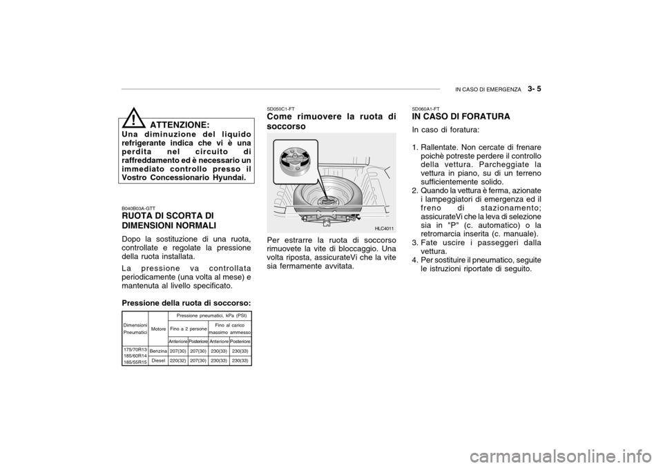 Hyundai Accent 2004 Manuale del proprietario (in Italian) IN CASO DI EMERGENZA 3- 5
ATTENZIONE:
Una diminuzione del liquido refrigerante indica che vi è una perdita nel circuito di raffreddamento ed è necessario unimmediato controllo presso il Vostro Con Hyundai Accent 2004 Manuale del proprietario (in Italian) IN CASO DI EMERGENZA 3- 5
ATTENZIONE:
Una diminuzione del liquido refrigerante indica che vi è una perdita nel circuito di raffreddamento ed è necessario unimmediato controllo presso il Vostro Con