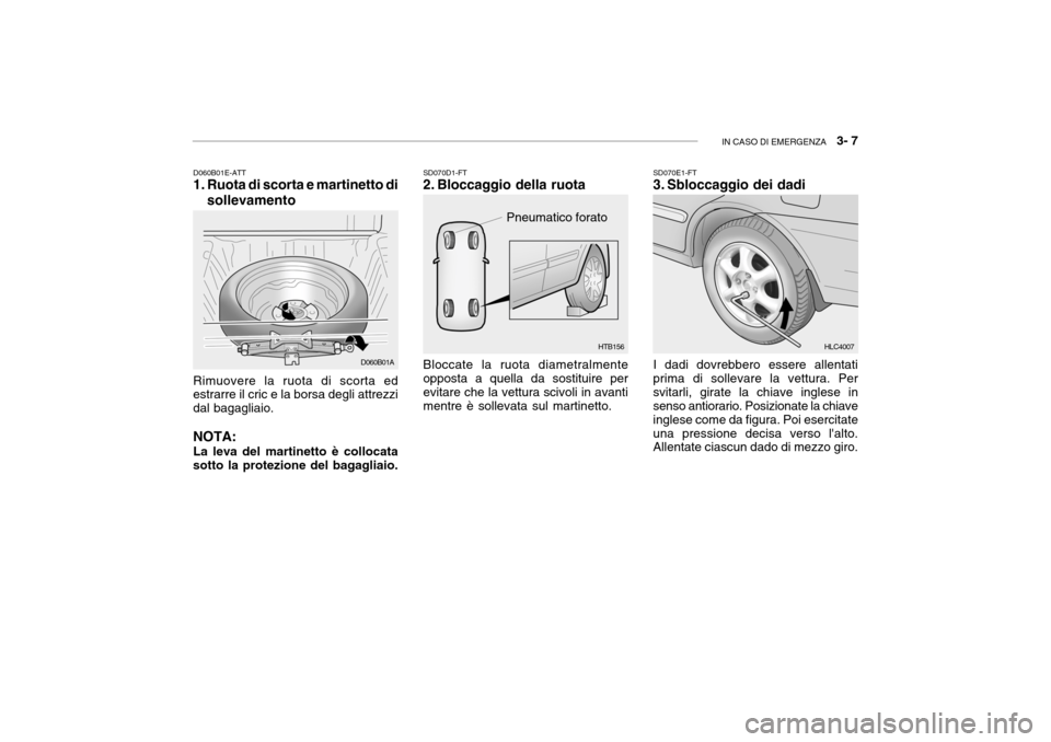 Hyundai Accent 2004 Manuale del proprietario (in Italian) IN CASO DI EMERGENZA 3- 7
HTB156
D060B01E-ATT
1. Ruota di scorta e martinetto di
sollevamento
Rimuovere la ruota di scorta edestrarre il cric e la borsa degli attrezzi dal bagagliaio. NOTA: La leva Hyundai Accent 2004 Manuale del proprietario (in Italian) IN CASO DI EMERGENZA 3- 7
HTB156
D060B01E-ATT
1. Ruota di scorta e martinetto di
sollevamento
Rimuovere la ruota di scorta edestrarre il cric e la borsa degli attrezzi dal bagagliaio. NOTA: La leva