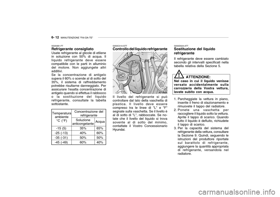 Hyundai Accent 2004  Manuale del proprietario (in Italian) 6- 12  MANUTENZIONE "FAI-DA-TE"
G050D02A-ATT
Sostituzione del liquido refrigerante
Il refrigerante deve essere cambiato
secondo gli intervalli specificati nella tabella relativa della Sezione 5.
G050C
