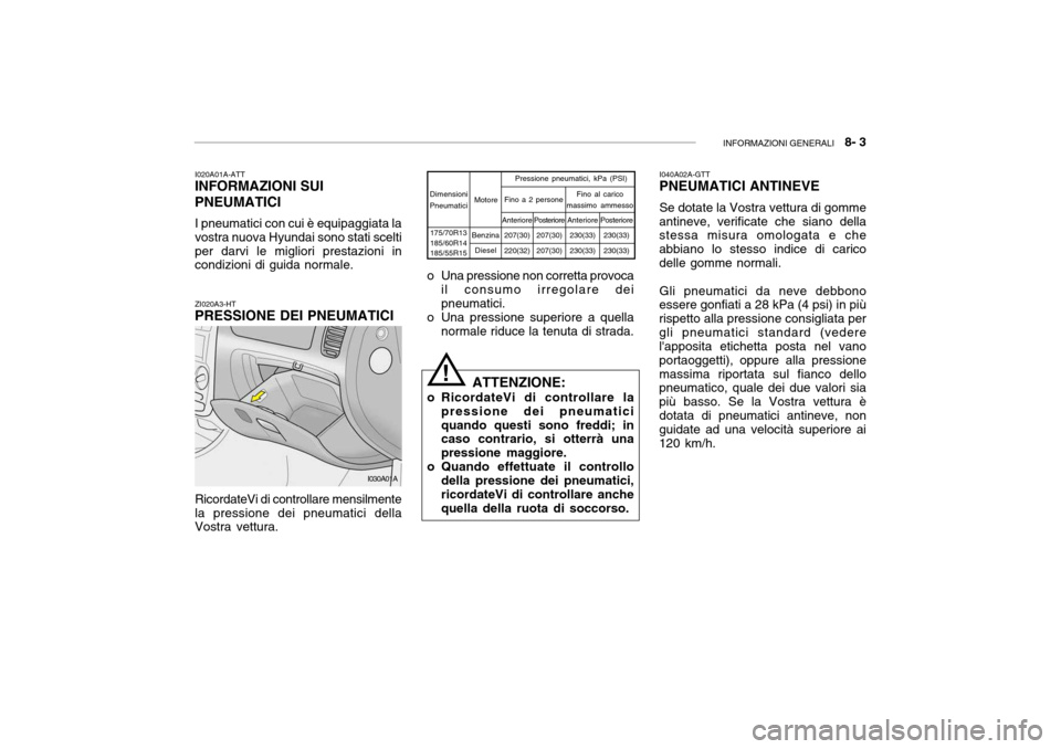 Hyundai Accent 2004  Manuale del proprietario (in Italian) INFORMAZIONI GENERALI   8- 3
ZI020A3-HT
PRESSIONE DEI PNEUMATICI
RicordateVi di controllare mensilmente la pressione dei pneumatici della Vostra vettura.
I020A01A-ATT
INFORMAZIONI SUI PNEUMATICI
I pne