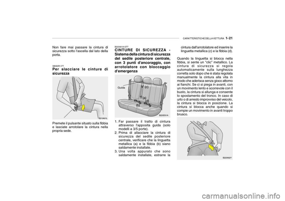 Hyundai Accent 2004  Manuale del proprietario (in Italian) CARATTERISTICHE DELLA VETTURA   1- 21
B220D01A
(a)
(b) (c)
(d)
SB090R1-FT Per slacciare le cinture di
sicurezza
Premete il pulsante situato sulla fibbia
e lasciate arrotolare la cintura nella propria 