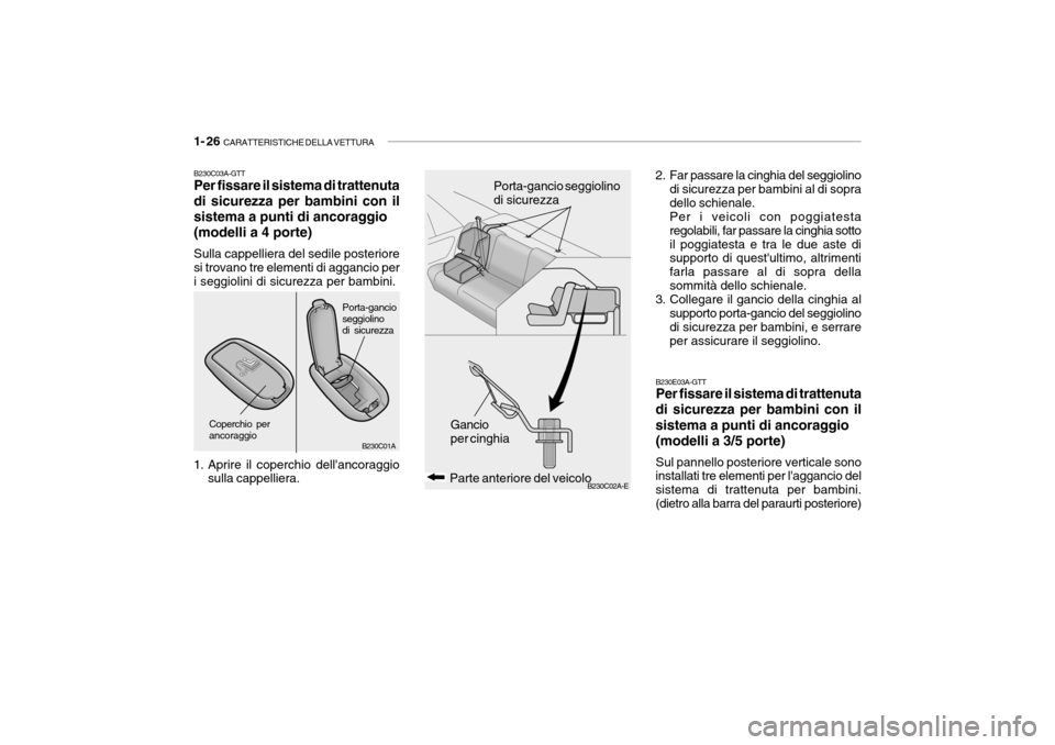 Hyundai Accent 2004 Manuale del proprietario (in Italian) 1- 26 CARATTERISTICHE DELLA VETTURA
B230C02A-EParte anteriore del veicolo
Coperchio per ancoraggio Porta-gancioseggiolinodi sicurezza
Gancio per cinghiaPorta-gancio seggiolinodi sicurezza
B230C03A-GT Hyundai Accent 2004 Manuale del proprietario (in Italian) 1- 26 CARATTERISTICHE DELLA VETTURA
B230C02A-EParte anteriore del veicolo
Coperchio per ancoraggio Porta-gancioseggiolinodi sicurezza
Gancio per cinghiaPorta-gancio seggiolinodi sicurezza
B230C03A-GT