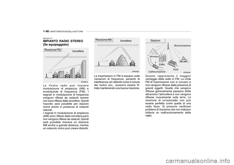Hyundai Accent 2004  Manuale del proprietario (in Italian) 1- 88  CARATTERISTICHE DELLA VETTURA
La Vostra radio può ricevere
modulazione di ampiezza (AM) e modulaziole di frequenza (FM). I segnali in modulazione di frequenza vengono riflessi da ostacoli ment