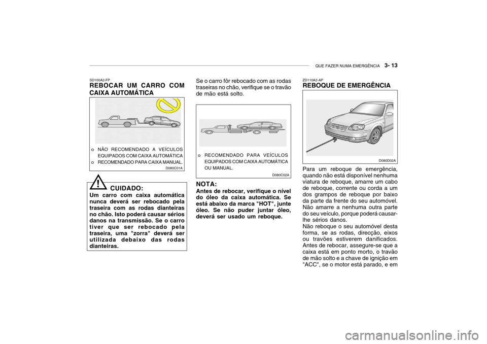 Hyundai Accent 2004 Manual do proprietário (in Portuguese) QUE FAZER NUMA EMERGÊNCIA 3- 13
D080C01A
SD100A2-FP
REBOCAR UM CARRO COM CAIXA AUTOMÁTICA
CUIDADO:
Um carro com caixa automática nunca deverá ser rebocado pela traseira com as rodas dianteirasno Hyundai Accent 2004 Manual do proprietário (in Portuguese) QUE FAZER NUMA EMERGÊNCIA 3- 13
D080C01A
SD100A2-FP
REBOCAR UM CARRO COM CAIXA AUTOMÁTICA
CUIDADO:
Um carro com caixa automática nunca deverá ser rebocado pela traseira com as rodas dianteirasno