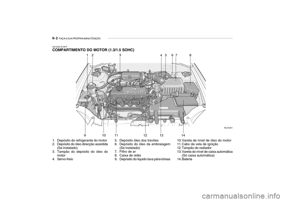 Hyundai Accent 2004  Manual do proprietário (in Portuguese) 6- 2  FAÇA A SUA PRÓPRIA MANUTENÇÃO
G010A01A-GPT
COMPARTIMENTO DO MOTOR (1.3/1.5 SOHC) 
1. Depósito do refrigerante do motor 
2. Depósito do óleo direcção assistida
(Se instalado)
3. Tampão 