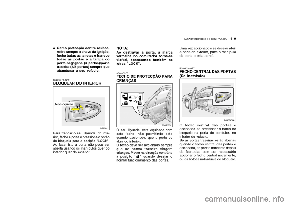 Hyundai Accent 2004  Manual do proprietário (in Portuguese) CARACTERÍSTICAS DO SEU HYUNDAI   1- 9
HLC2004
SB040F2-FP FECHO DE PROTECÇÃO PARA
CRIANÇAS
O seu Hyundai está equipado com
este fecho, não permitindo este quando accionado, que a porta se abra do