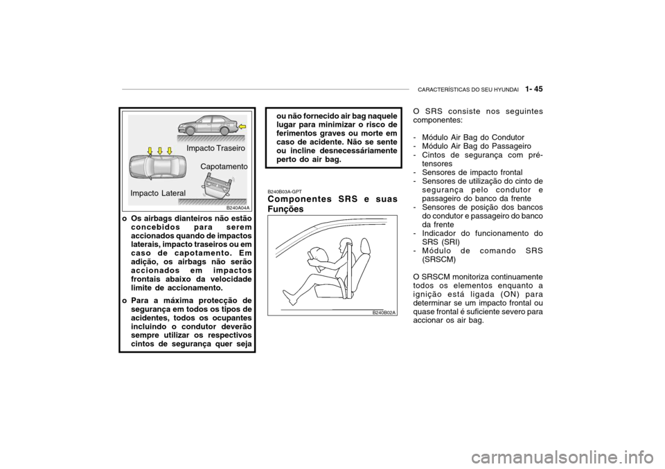 Hyundai Accent 2004  Manual do proprietário (in Portuguese) CARACTERÍSTICAS DO SEU HYUNDAI   1- 45
B240B03A-GPT Componentes SRS e suas
Funções O SRS consiste nos seguintes componentes: 
- Módulo Air Bag do Condutor 
- Módulo Air Bag do Passageiro 
- Cinto