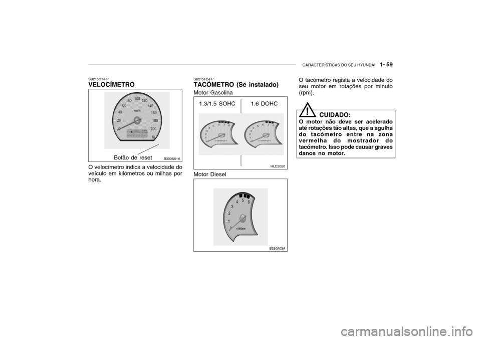 Hyundai Accent 2004  Manual do proprietário (in Portuguese) CARACTERÍSTICAS DO SEU HYUNDAI   1- 59
O velocímetro indica a velocidade do
veículo em kilómetros ou milhas por hora. SB215F2-FPTACÓMETRO (Se instalado)
SB215C1-FPVELOCÍMETRO
O tacómetro regist