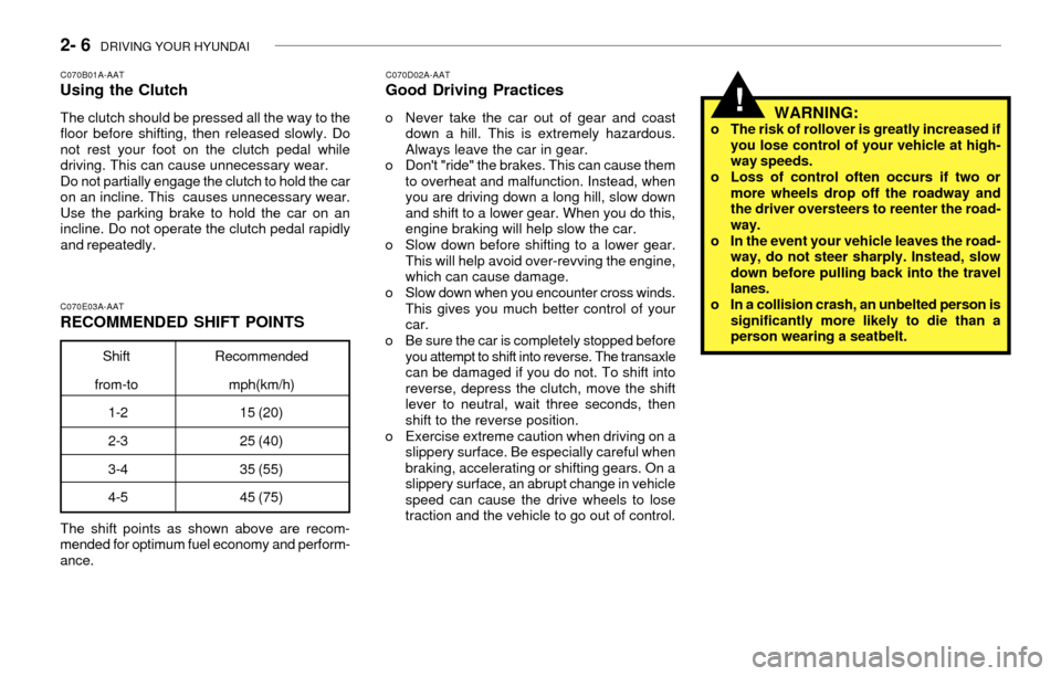 Hyundai Accent 2003 Owners Manual 2- 6 DRIVING YOUR HYUNDAI
WARNING:o The risk of rollover is greatly increased if
you lose control of your vehicle at high-
way speeds.
o Loss of control often occurs if two or
more wheels drop off th Hyundai Accent 2003 Owners Manual 2- 6 DRIVING YOUR HYUNDAI
WARNING:o The risk of rollover is greatly increased if
you lose control of your vehicle at high-
way speeds.
o Loss of control often occurs if two or
more wheels drop off th