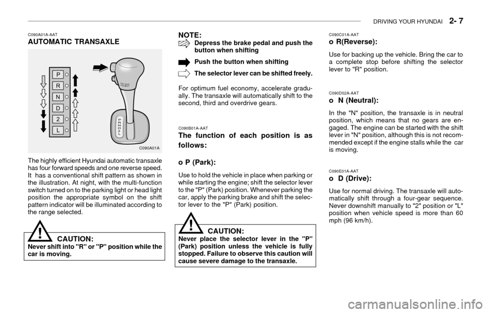 Hyundai Accent 2003 Owners Manual DRIVING YOUR HYUNDAI 2- 7
C090A01A-AATAUTOMATIC TRANSAXLE
The highly efficient Hyundai automatic transaxle
has four forward speeds and one reverse speed.
It has a conventional shift pattern as show Hyundai Accent 2003 Owners Manual DRIVING YOUR HYUNDAI 2- 7
C090A01A-AATAUTOMATIC TRANSAXLE
The highly efficient Hyundai automatic transaxle
has four forward speeds and one reverse speed.
It has a conventional shift pattern as show