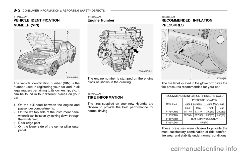 Hyundai Accent 2003 Owners Manual 8- 2 CONSUMER INFORMATION & REPORTING SAFETY DEFECTS
Up to 2 persons TIRE SIZE
RECOMMENDED INFLATION PRESSURE-COLD
P175/70R13
P185/60R14
T105/70R14
T105/70D14Rear
207(30)
207(30)Front
230(33)
230(33) Hyundai Accent 2003 Owners Manual 8- 2 CONSUMER INFORMATION & REPORTING SAFETY DEFECTS
Up to 2 persons TIRE SIZE
RECOMMENDED INFLATION PRESSURE-COLD
P175/70R13
P185/60R14
T105/70R14
T105/70D14Rear
207(30)
207(30)Front
230(33)
230(33)