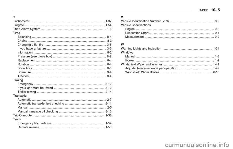 Hyundai Accent 2003 Manual PDF INDEX   10- 5
T
Tachometer.......................................................................................1-37
Tailgate..........................................................................