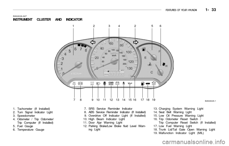 Hyundai Accent 2003 Service Manual FEATURES OF YOUR HYUNDAI   1- 33
B260A02A-1
B260A03A-AAT
INSTRUMENT CLUSTER AND INDICATOR
13. Charging System Warning Light
1 4 . Seat Belt Warning Light
1 5 . Low Oil Pressure Warning Light
1 6 . Tri