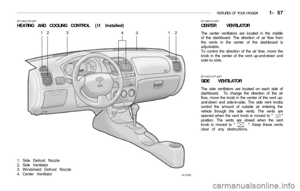 Hyundai Accent 2003  Owners Manual FEATURES OF YOUR HYUNDAI   1- 57
B710A01TB-GAT
HEATING AND COOLING CONTROL  (If Installed)
HLC003
1. Side Defrost Nozzle
2. Side Ventilator
3. Windshield Defrost Nozzle
4. Center Ventilator
12 3
412
B