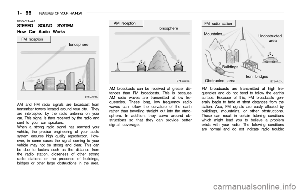 Hyundai Accent 2003 User Guide 1- 66  FEATURES OF YOUR HYUNDAI
FM broadcasts are transmitted at high fre-
quencies and do not bend to follow the earths
surface. Because of this, FM broadcasts gen-
erally begin to fade at short dis