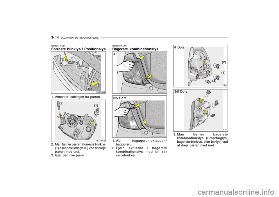 Hyundai Accent 2003  Instruktionsbog (in Danish) 3- 14  SÅDAN GØR DE I NØDSTILFÆLDE
G270D01A-GCT
Bagerste kombinationslys
G270B01A-GCT Forreste blinklys / Positionslys 
1. Afmonter ledningen fra pæren. HLC5034
HLC5012
(1)
(2)
2. Man fjerner pæ