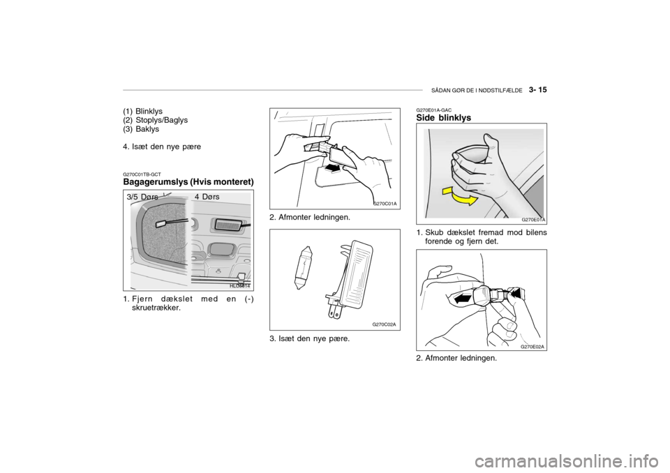Hyundai Accent 2003  Instruktionsbog (in Danish) SÅDAN GØR DE I NØDSTILFÆLDE   3- 15
G270E01A-GAC Side blinklys
G270C01TB-GCT Bagagerumslys (Hvis monteret)
1. Fjern dækslet med en (-) skruetrækker.
G270C02A
3/5 Dørs
HLC5014
4 Dørs
2. Afmonte