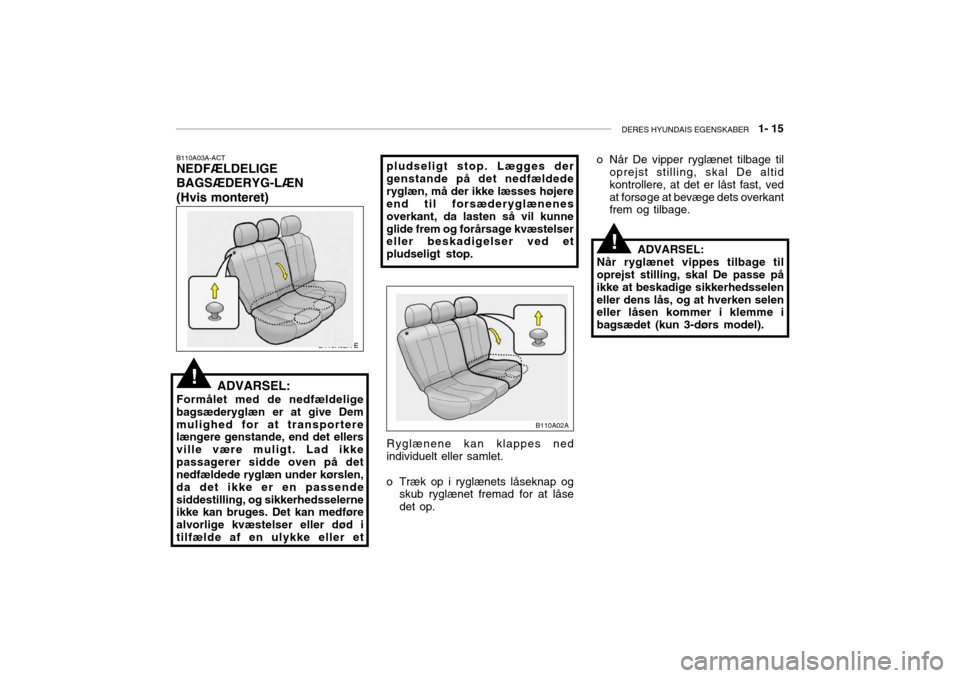 Hyundai Accent 2003  Instruktionsbog (in Danish) DERES HYUNDAIS EGENSKABER   1- 15
B110A02A-E
B110A02A
B110A03A-ACT NEDFÆLDELIGE 
BAGSÆDERYG-LÆN(Hvis monteret)
ADVARSEL:
Formålet med de nedfældelige bagsæderyglæn er at give Demmulighed for at