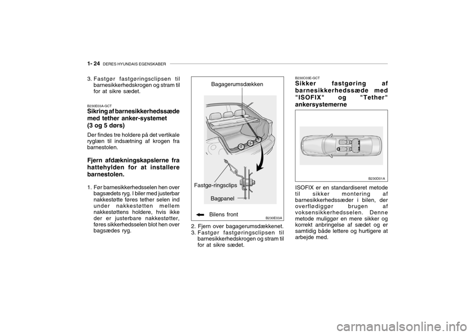Hyundai Accent 2003  Instruktionsbog (in Danish) 1- 24  DERES HYUNDAIS EGENSKABER
B230E03A
B230E03A-GCT Sikring af barnesikkerhedssæde med tether anker-systemet (3 og 5 dørs) Der findes tre holdere på det vertikale ryglæn til indsætning af krog