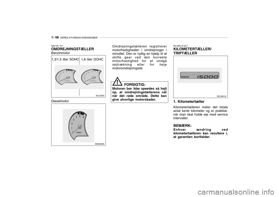 Hyundai Accent 2003  Instruktionsbog (in Danish) 1- 48  DERES HYUNDAIS EGENSKABER
SB215F1-FC OMDREJNINGSTÆLLER Omdrejningstælleren registrerermotorhastigheden i omdrejninger i minuttet. Den er nyttig en hjælp til atskifte gear ved den korrekte mo